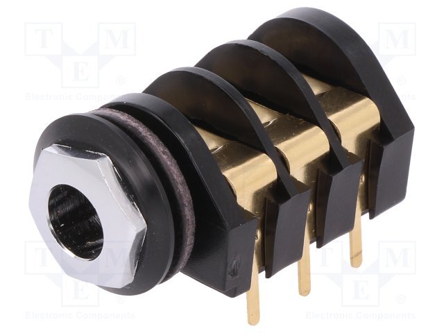 6.35mm ligzda, stereo, plastmasas, THT, skrūvejamas šasijai M9, plastmasu uzgrieznis sudrabots, 2 x on/of, CLIFF