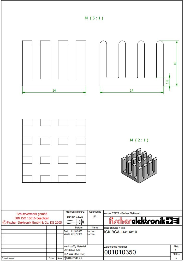 Radiators 14x14x10mm, aluminijs, melna krasa