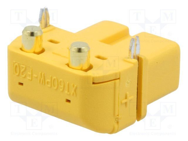 2Pin, XT60, "mama", 500V, 30A, lodejama PCB, leņķisks