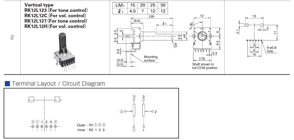 50K stereo, 6pin viena rinda, For tone control, ar videjo stav., ±20%, 50mW, 300°, Lass=21mm, potenciometrs ar linearu atkarību, D-profils, 6mm