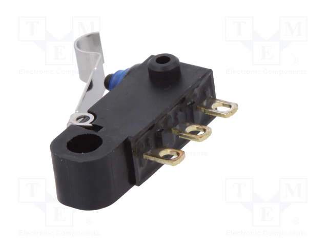 Mikropārslēdzējs ar sviru (ar izliekto galu) L=15mm, SPDT, ON-(ON), 0.1A/125VAC, 2A/12VDC, IP67, 18.5x5.3x6.5mm, vadam, OMRON