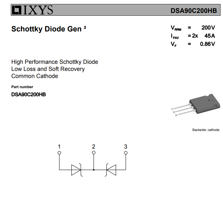 DSA90C200HB, 2xDiodes Schottky, 200V, 2x45A, 275W, (Anod-Katod-Anod) (---|>|---/---|<|---), TO-247