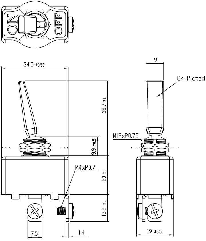 Tumblers, SPST, OFF-ON, 50A/12VDC, M4 skrūves, M12, poliamids, 34.5x19x20mm, CSI, ar fiksaciju