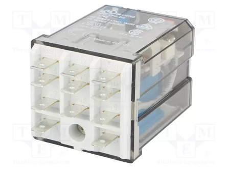 Relejs DC12V, 3PDT, 3x16A/250VAC, 3x16A/30VDC, 110Ω(109mA), IP40, trīs kontakti uz pārslēgšanu, 38.2x35.8x49.1mm, FINDER