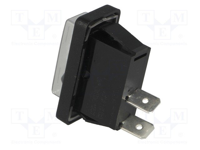Taustiņslēdzis SPST, ON-OFF, 16A/250VAC, 11x30x33mm, IP44, (--O), 6.3x0.8mm, melnā krasa, ar fiksāciju