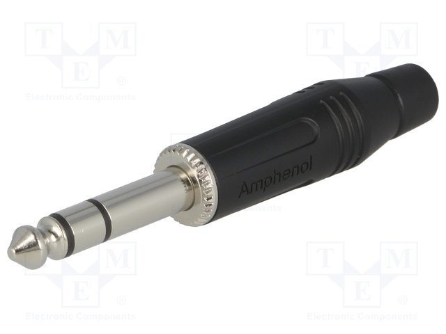 6.35mm štekers, stereo, metālisks, uz vadu, ar amortizatoru, sudrabots/melns, AMPHENOL