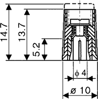 Potenciometru rokturitis Ø10x13.7mm, plastmasa, peleka krasa, Ø4mm, skavas mehānisms ar skrūvi