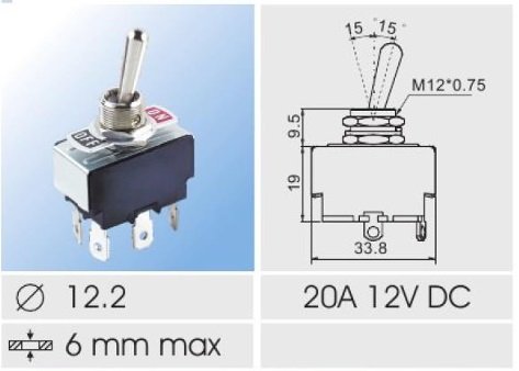 Tumblers, DP3T, ON-OFF-ON, 20A/12VDC, kontakti 6.3mm, M12, 33.2x19x19mm, ar fiksaciju