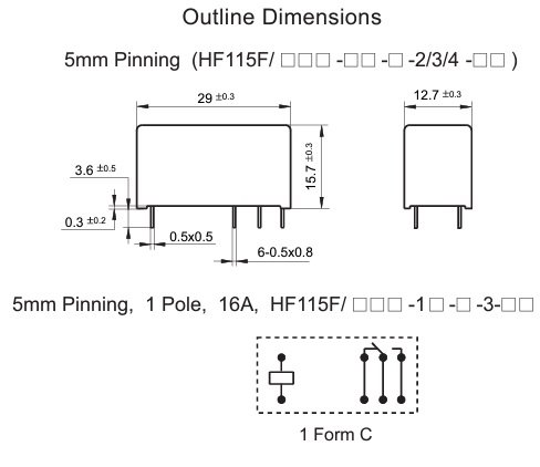 Relejs DC12V, SPDT, 16A/250VAC, 16A/24VDC, 360R(33mA), viens kontakts uz pārslēgšanu, AgNi, 29x12.7x15.7mm, HONGFA RELAY