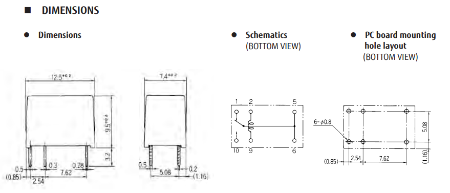 Relejs DC12V, SPDT, 0.5A/120VAC, 1A/24VDC, 960R(12.5mA), viens kontakts uz pārslēgšanu, 7.5x12.5x10mm, FUJITSU
