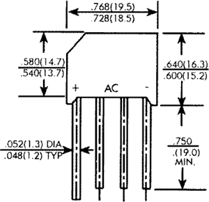KBL10 Tiltiņš 1000V, 4A, 19.5x16.3x6.5mm, plakans, vertikāls