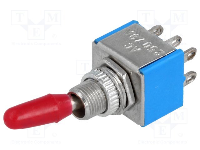 Tumblers, DPDT, ON-ON, 3A/250VAC, lodēšanai, M6, 12.5x11.5x9.5mm, divi kontakti uz divam stavoklim, ar fiksaciju, apaļš sarkans rokturis