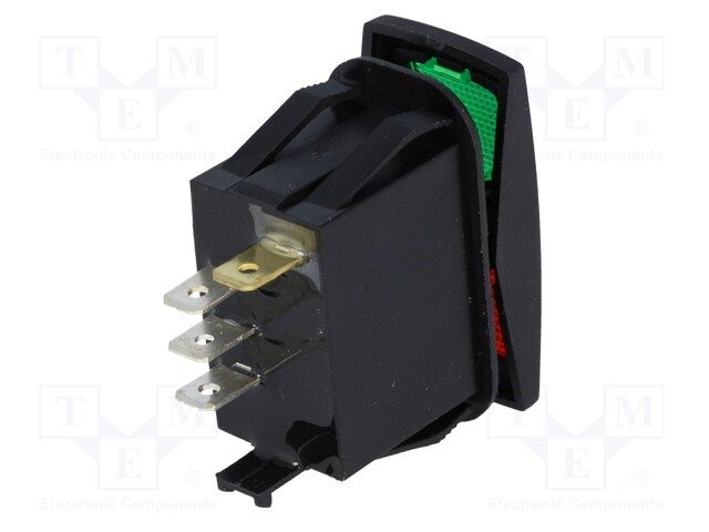 Taustiņslēdzis SP3T, ON-OFF-ON, 10A/250VAC, 47.3x25x26.9mm, IP66, LED, sarkanā-melnā krasa, ar fiksāciju