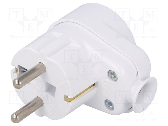 Tikla štekers, Uni-Schuko, 250VAC/16A, 2P+PE, balta krasa, leņķisks, ar zemi, ar papildu kontaktu