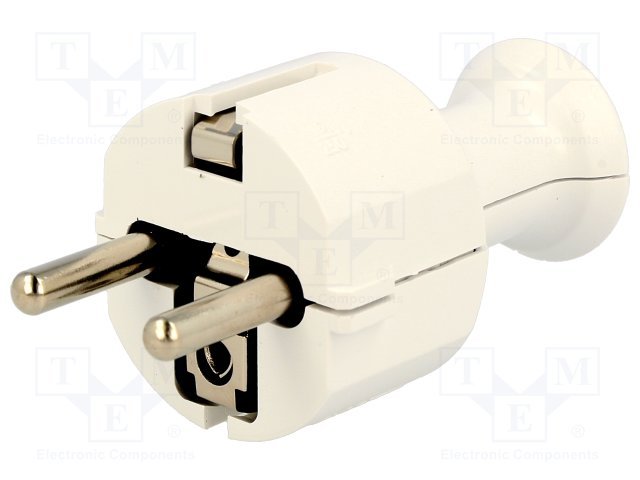 Tikla štekers, Uni-Schuko, 250VAC/16A, 2P+PE, balta krasa, taisns, ar zemi