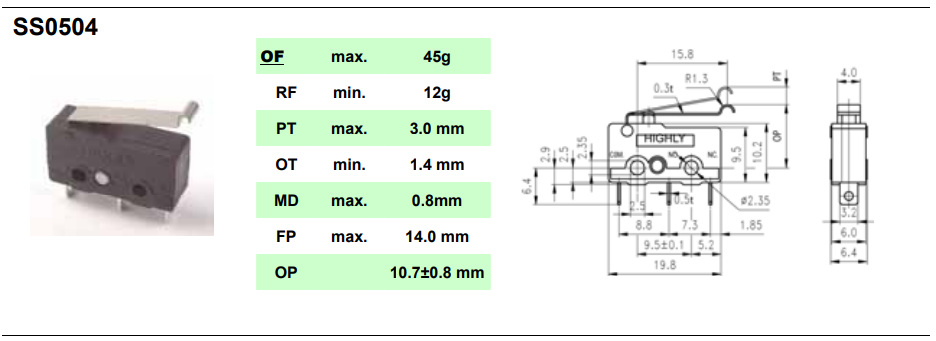 Mikropārslēdzējs ar sviru (ar izliekto galu, Ø=3mm), L=17mm, SPDT, ON-(ON), 5A/250VAC, IP40, viens kontakts