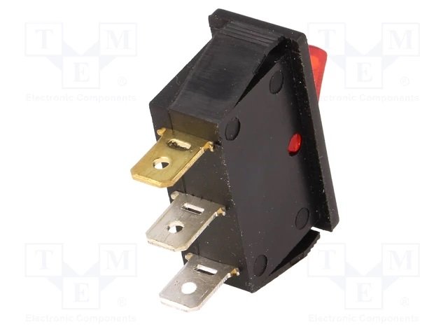 Taustiņslēdzis SPST, ON-OFF, 15A/250VAC, 14x32mm, apgaism. neona lamp., (--O), sarkanā krasa, ar fiksāciju