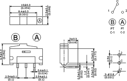 Pārslēdzējs slīdbīdņu SPDT, 0,5A/12VDC, ON-ON, 10x2.5x6.5mm, leņķisks, viens kontakts uz divam stāvoklim