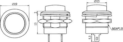 Poga SPST-NO, OFF-(ON), 3A/250VAC, Ø19x23mm, M16x1, metal/sarkana krasa, bez fiksacijas