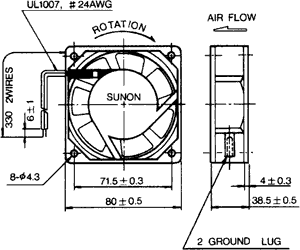 80x80x38mm, AC230V, ritgultnis, 40.7m3/h, 32dB, 2400rpm, 14W, Ventilators