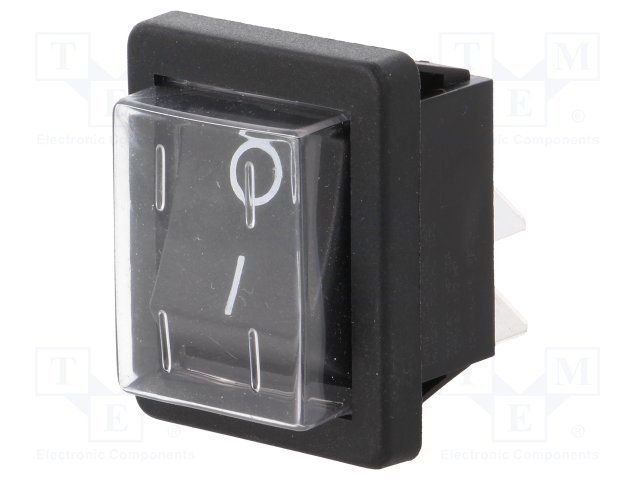 Taustiņslēdzis DPST, ON-OFF, 16A/250VAC, 25x30x33mm, IP44, (--O), 6.3x0.8mm, melnā krasa, ar fiksāciju