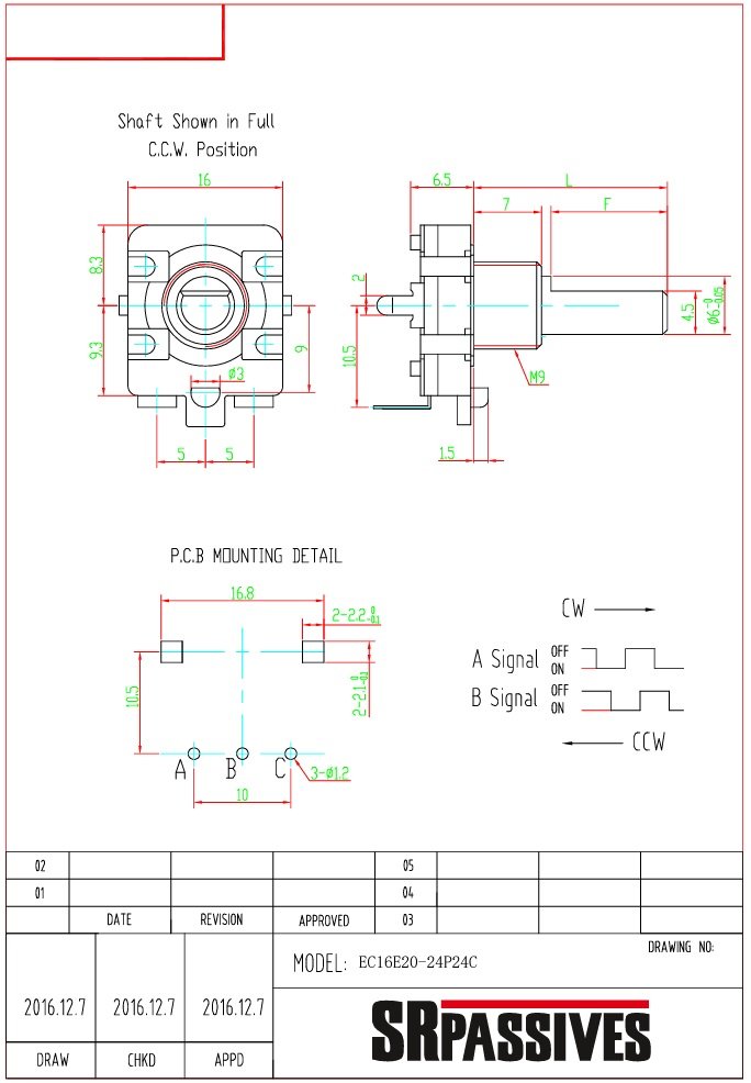 Enkoders, 24imp/revol., izeja in 2 bit Gray code, 350VAC/0.5mA, rokturis 6mm, horizontals, 6.5x17.6x16mm