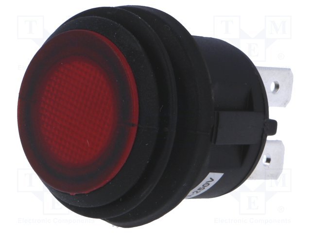 Poga DPST-NO, OFF-ON, 6A/250VAC, IP65, 6.3x0.8mm, neonu lampiņa 230VAC, sarkana krasa, Ø20x24mm, ar fiksaciju