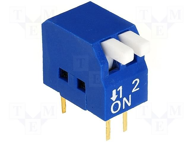 Pārslēdzējs slīdbīdņu DIP-2*2.54, ON-OFF, 0.05A/12VDC, pārslēdzējs uz stūra