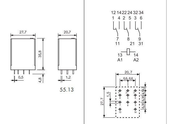 Relejs DC24V, 3PDT, 3x10A/250VAC, 3x10A/24VDC, 600Ω(40mA), IP40, trīs kontakti uz pārslēgšanu, THT, 27.7x20.7x35.8mm, FINDER