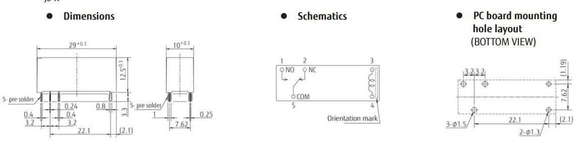 Relejs DC5V, SPDT, 8A/250VAC, 8A/24VDC, 112Ω(45mA), viens kontakts uz pārslēgšanu, 29x10x12.5mm, FUJITSU