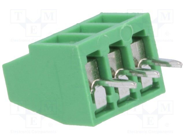 Terminal blocks PCB, 3pin, 2.54mm, 1.0mm2, 130V/8A, 7.5x6.27x8.5mm, leņķisks 90°