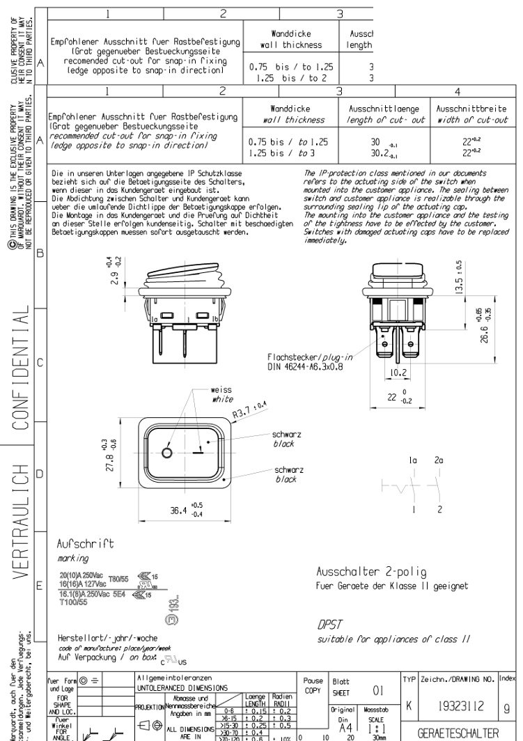 Taustiņslēdzis DPST, OFF-ON, 20A/250VAC, 36.4x27.8x26.5mm, IP65, (O-I), 6.3x0.8mm, melnā krasa, ar fiksāciju, Marquardt