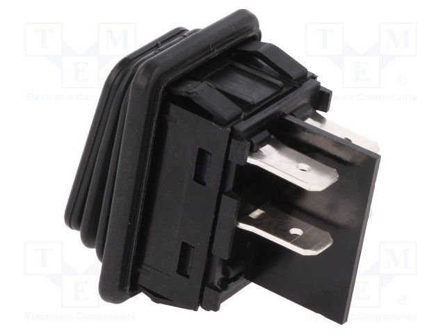 Taustiņslēdzis DPST, OFF-ON, 20A/250VAC, 36.4x27.8x26.5mm, IP65, (O-I), 6.3x0.8mm, melnā krasa, ar fiksāciju, Marquardt