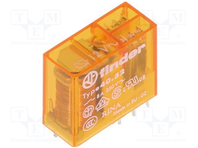 Relejs AC12V, DPDT, 2x8A/250VAC, 2x8A/30VDC,80R(150mA), divi kontakti uz pārslēgšanu, 29x12.4x25mm, FINDER