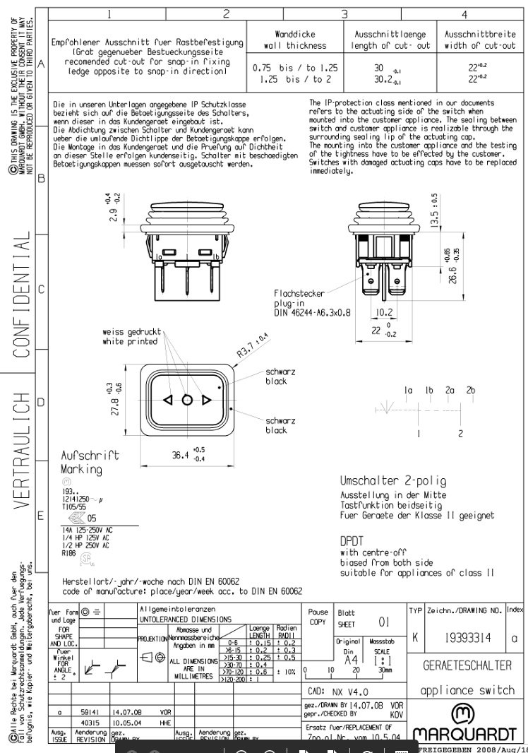 Taustiņslēdzis DPST, OFF-ON, 20A/250VAC, 31.5x25x16.20mm, IP65, (O-I), 6.3x0.8mm, ar apgaism. neon. spul., zala krasa, ar fiksāciju, Marquardt