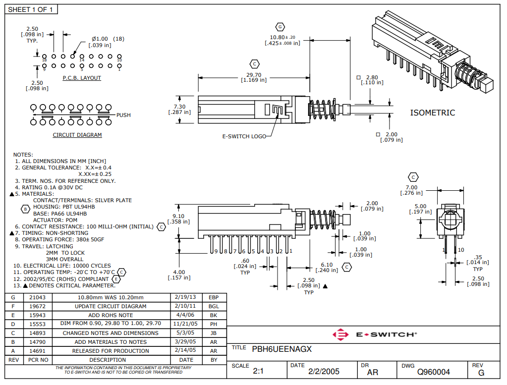 Poga 6PDT, ON-ON, 0.1A/30VDC, THT, 7.3x7x29.7mm, solis 2.5x2.5mm, ar fiksaciju