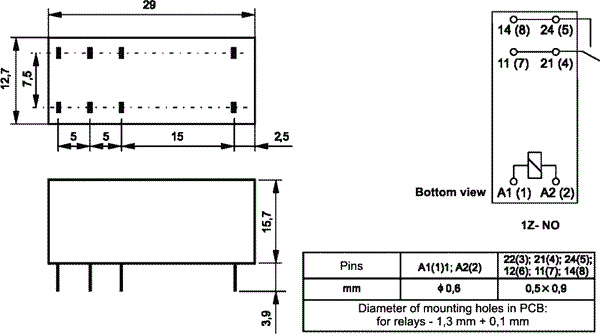 Relejs DC24V, SPST-NO, 16A/250VAC, 16A/24VDC, 1440Ω(16.6mA), viens kontakts uz pārslēgšanu, AgSnO2, 29x12.7x15.7mm, RELPOL