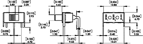 Pārslēdzējs slīdbīdņu SPDT, 3A/250VAC, 6A/28VDC; ON-ON, 13.6x6.7x6.7mm, L=4.65mm, leņķisks, viens kontakts uz divam stāvoklim