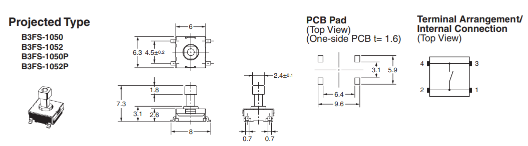 Mikroslēdzejs horizontāls, SPST-NO, OFF-(ON), 0.05A/24VDC, SMD, 6.2x6.2x3mm, 1.47N, L=7.3mm, kvadrātveida stienis, OMRON