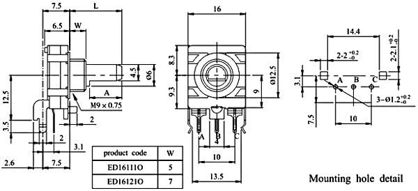 Enkoders, 24imp/revol., izeja in 2 bit Gray code, 350VAC/0.5mA, rokturis 6.35mm, vertikāls, 6.5x17.6x16ma