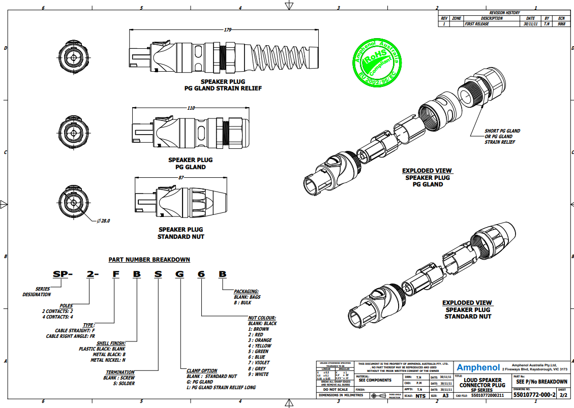 2pin, speakon štekers, vadam, AMPHENOL