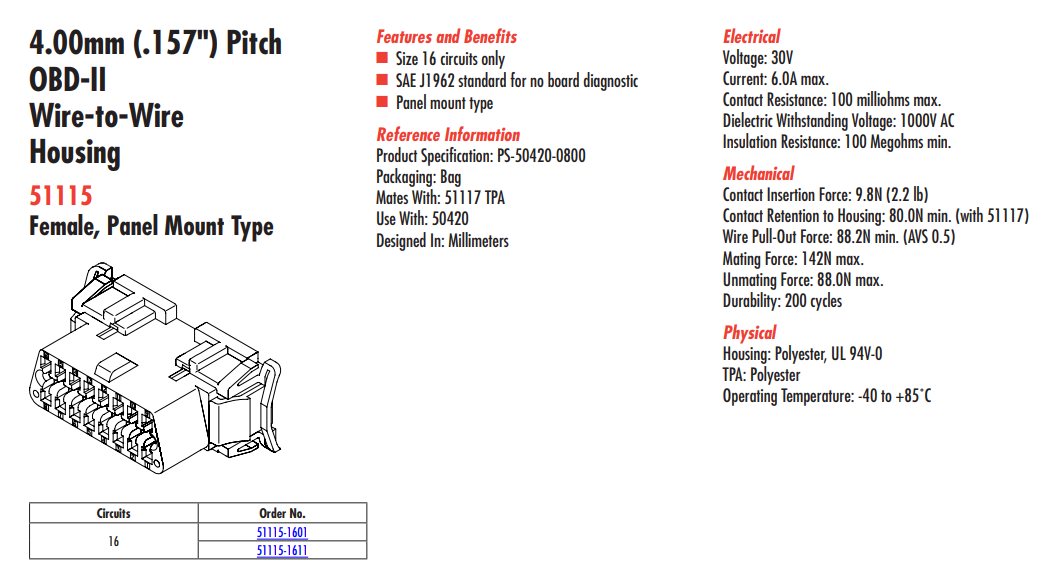 OBD II mama korpus, šasijai, 16pin (Kontakti atsevišķi +16pin 00006685)