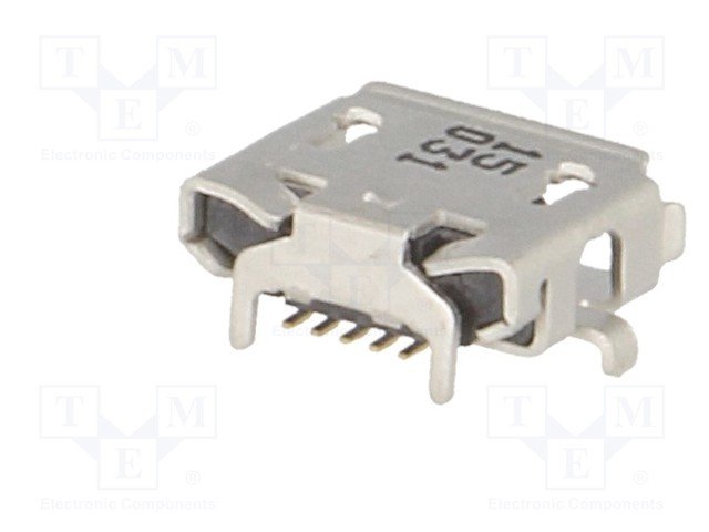MicroUSB-AB, ligzda 5 pin, leņkisks, SMD veida PCB, 4 piestiprinājuma punkti, kaiņas garums 0.6mm, (Molex)