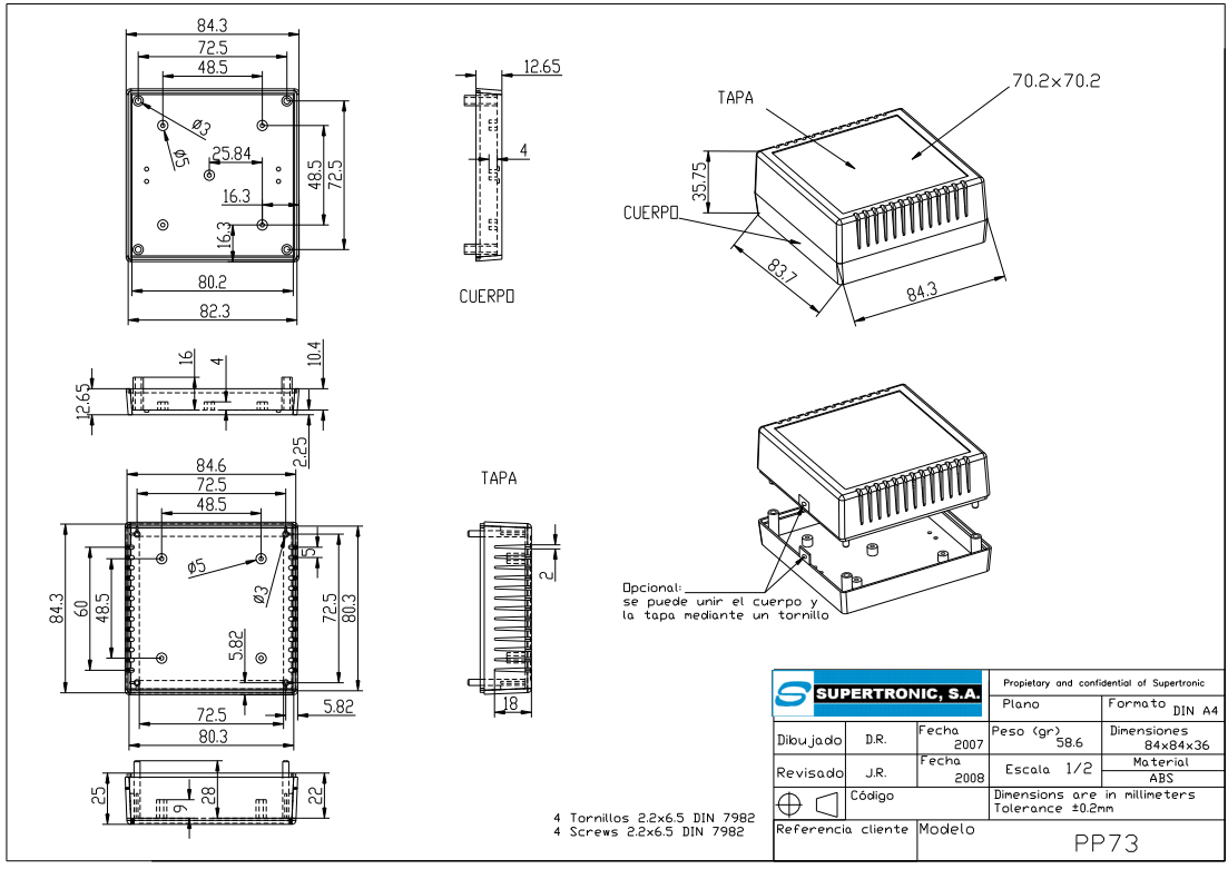 Plastmasas korpuss, 85x85x35.5mm, ABS, pelēkā krasa, ar ventilāciju
