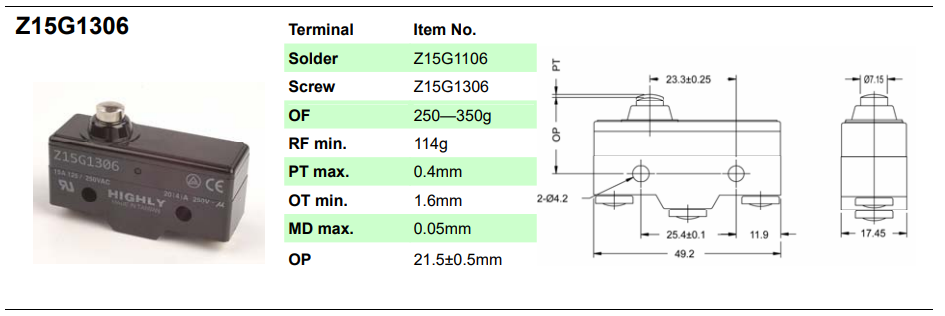 Mikropārslēdzējs bez sviras, SPDT, ON-(ON), 20A/250VAC, IP40, 49.2x17.45x24.2mm, viens kontakts uz parslēgšanu