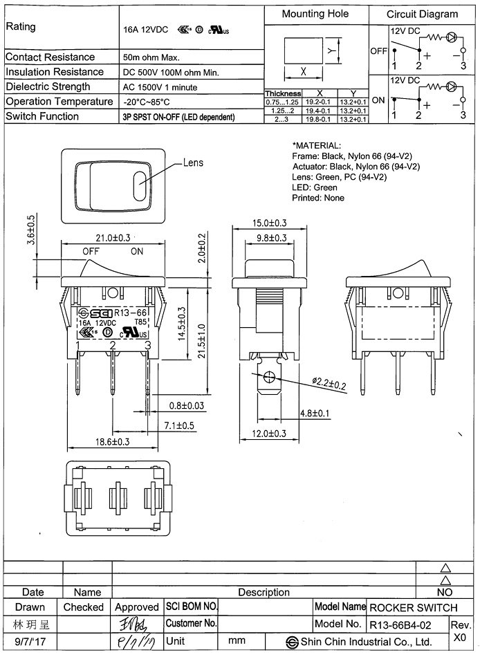Taustiņslēdzis SPST, ON-OFF, 16A/12VDC, 15x21mm, LED12VDC(zaļš) 1 versija, melna krasa, ar fiksāciju