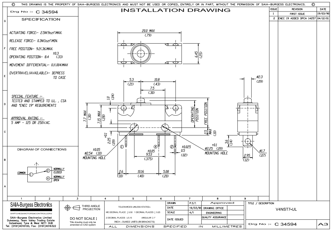 Mikropārslēdzējs bez sviras, SPDT, ON-(ON), 5A/250VAC, IP67, 20x6.4x17.5mm, 2.5N, kontakti vadiem, viens kontakts uz parslēgšanu