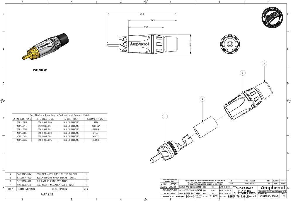 RCA štekers, taisns, GOLD, IP40, lodējams, melns/melns, max. 3...7mm, īss, AMPHENOL