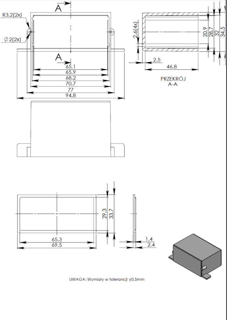 Plastmasas korpuss, 70x35x50mm, ABS, melnā krasa, ar piestiprinājumiem