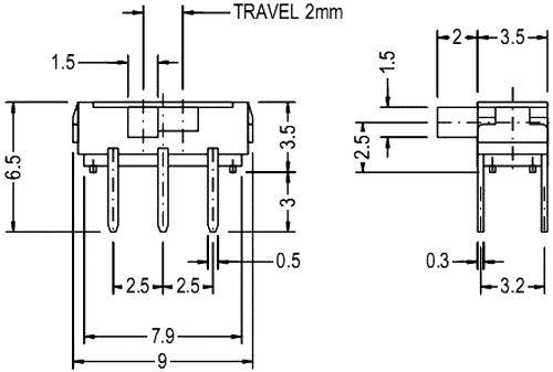 Pārslēdzējs slīdbīdņu DPDT, 0.3A/6VDC, ON-ON, 9x3.5x3.5mm, L=2mm, leņķisks, divi kontakti uz divam stāvoklim